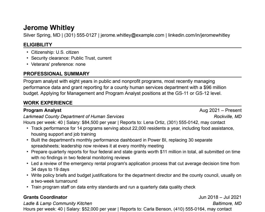 Federal resume template, top of the page