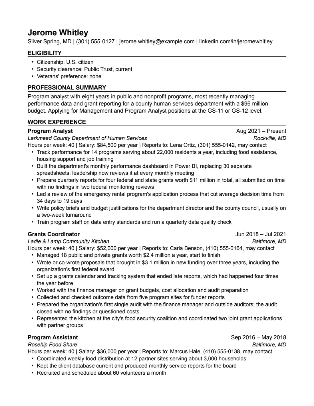 Federal resume template, US Letter, filled with sample content