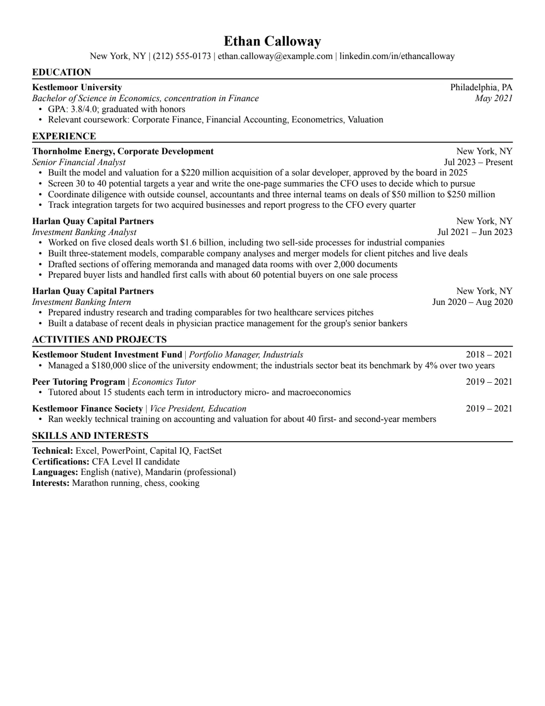 Finance resume template, US Letter, filled with sample content