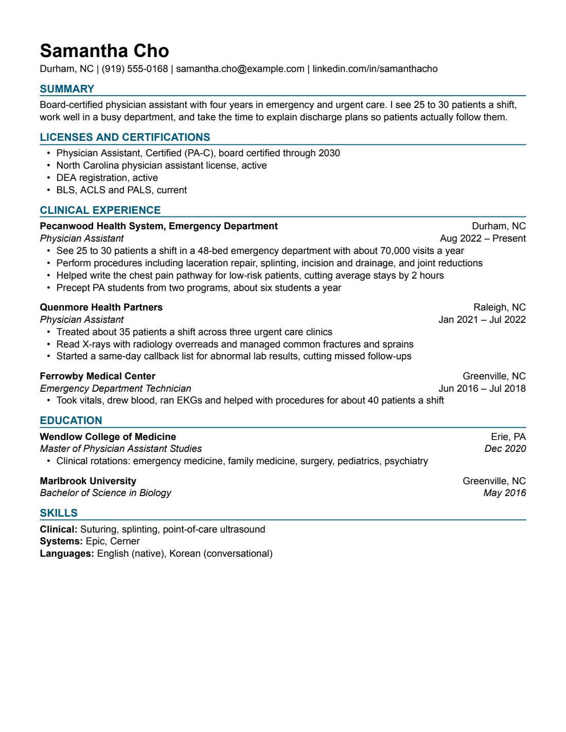 Healthcare resume template, US Letter, filled with sample content