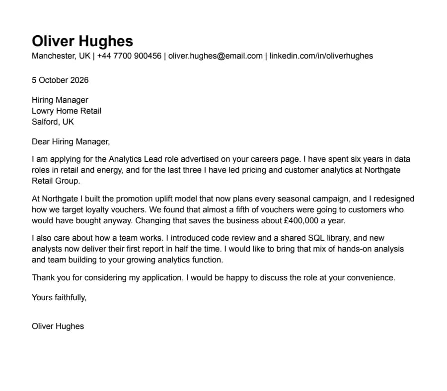 International CV cover letter template, top of the page
