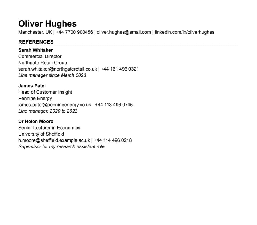 International CV references template, top of the page