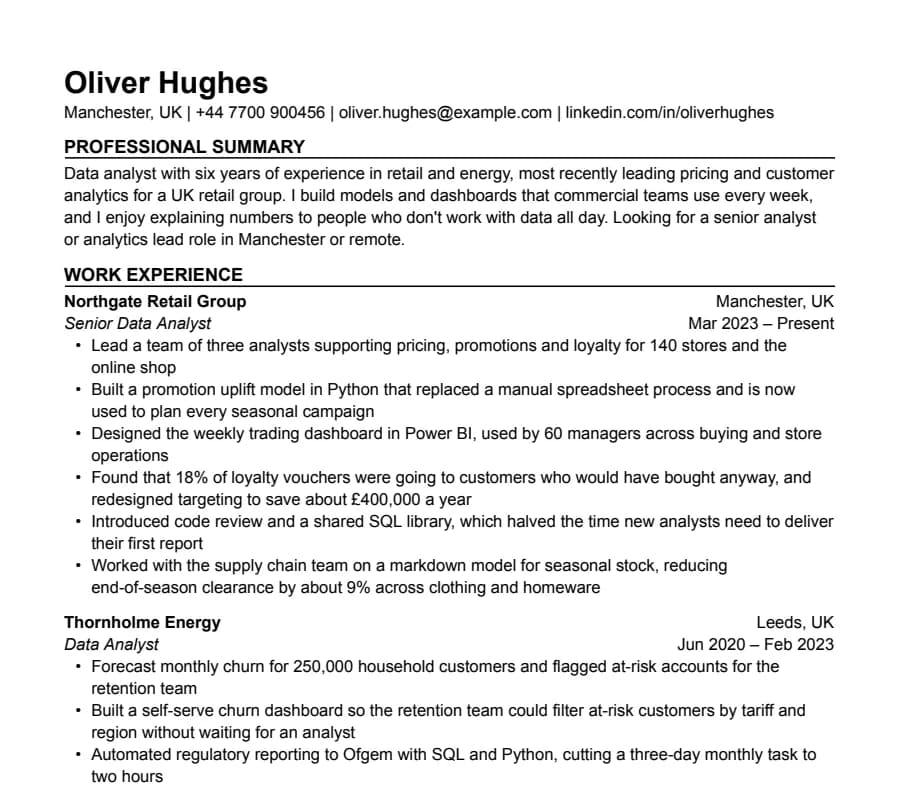International CV resume template, top of the page