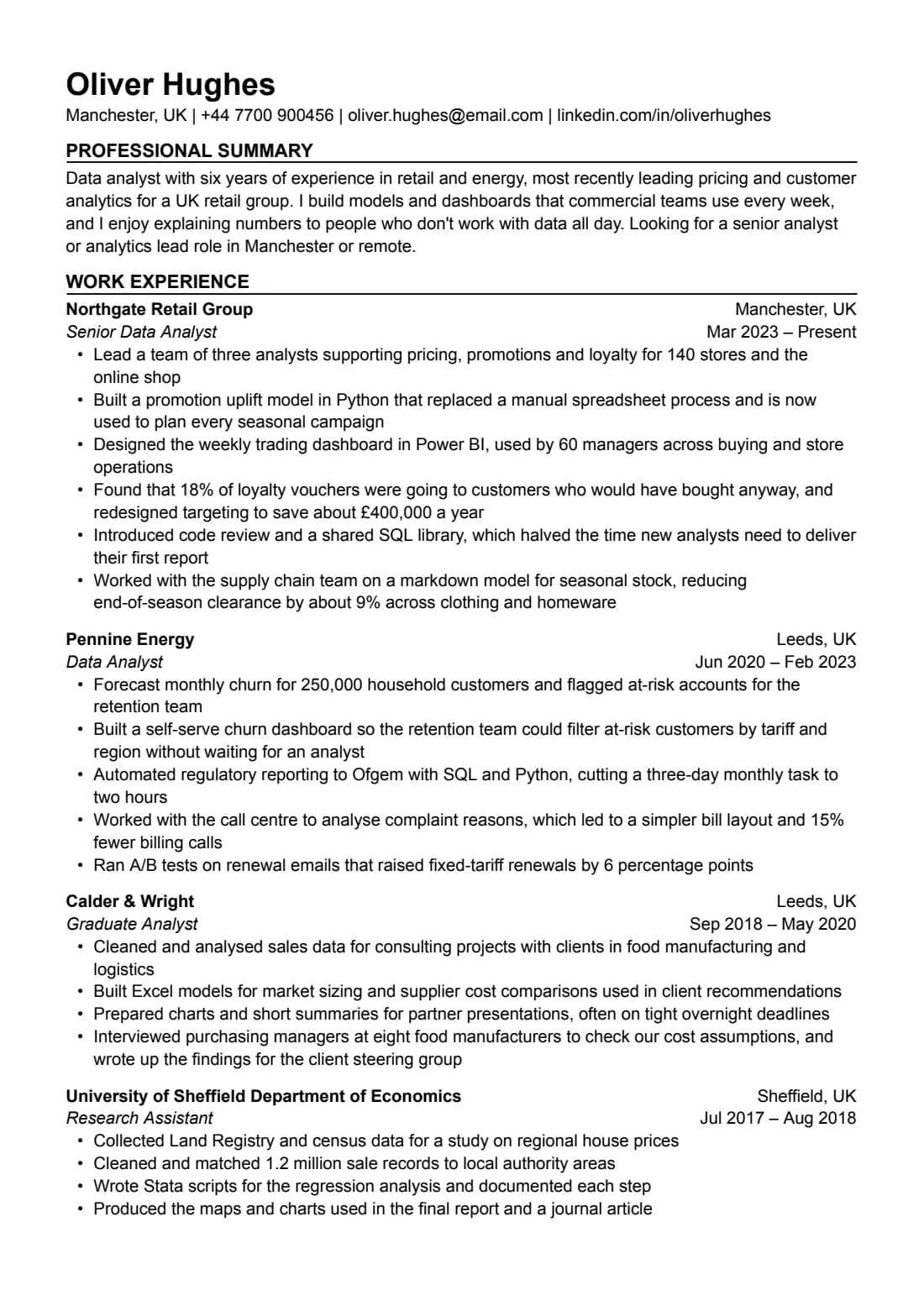 International CV resume template, A4, filled with sample content