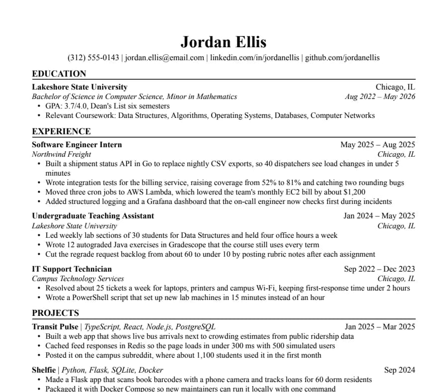 Jake's resume template, top of the page