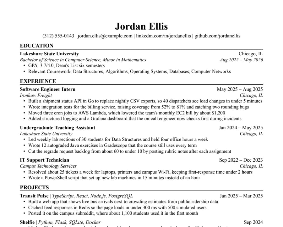 Jake's resume template, top of the page