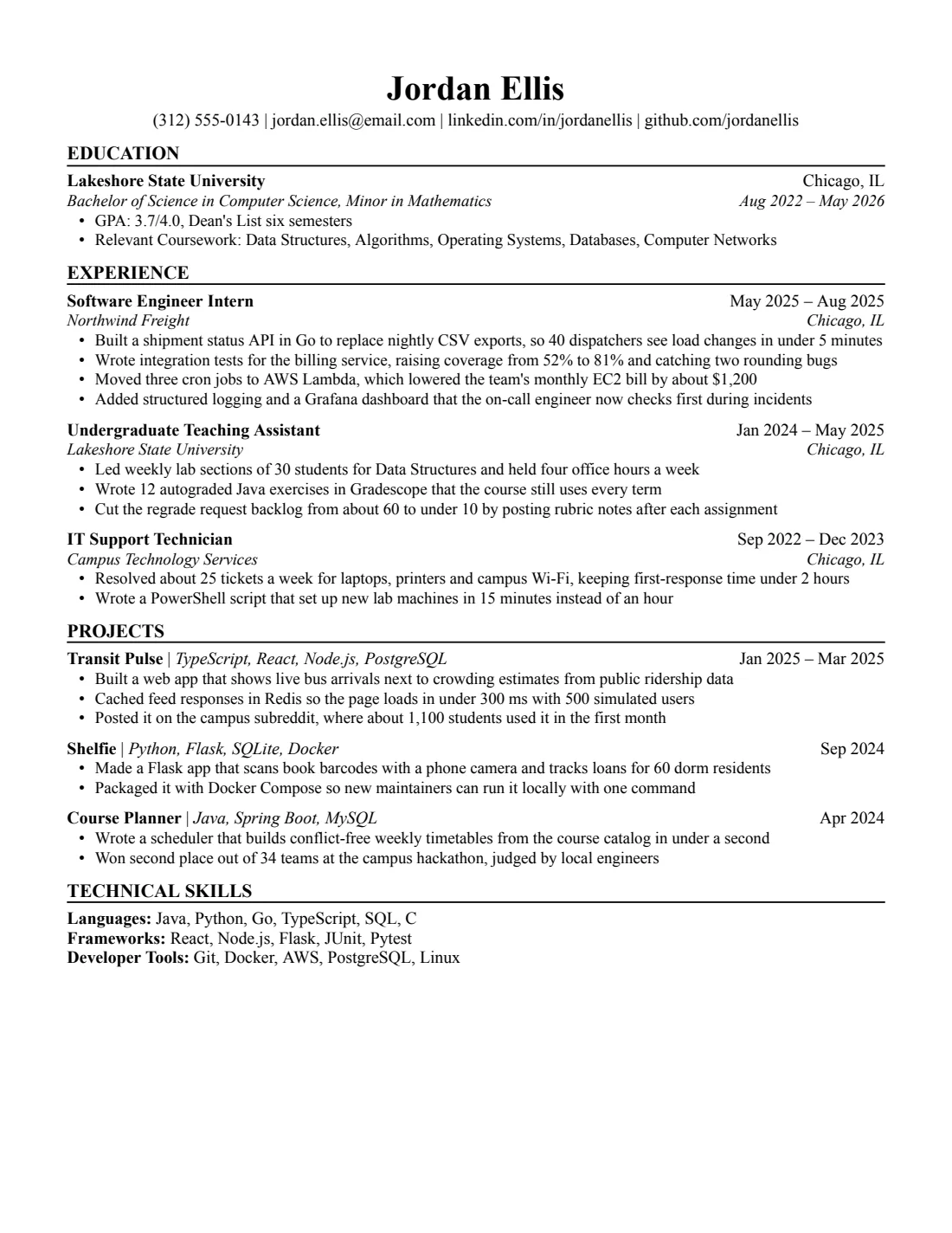 Jake's resume template, US Letter, filled with sample content