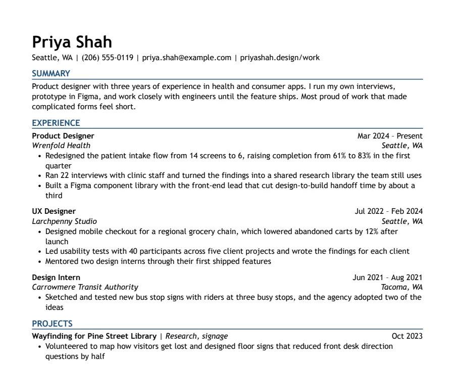 Modern Accent resume template, top of the page
