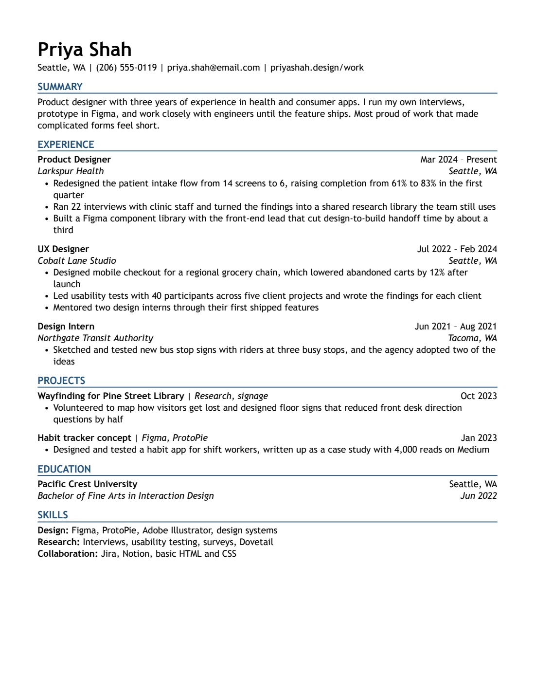 Modern Accent resume template, US Letter, filled with sample content