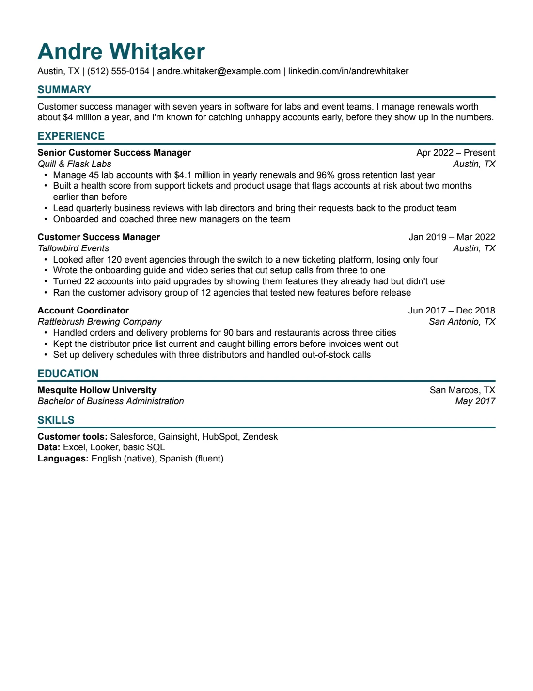 Modern Bold resume template, US Letter, filled with sample content