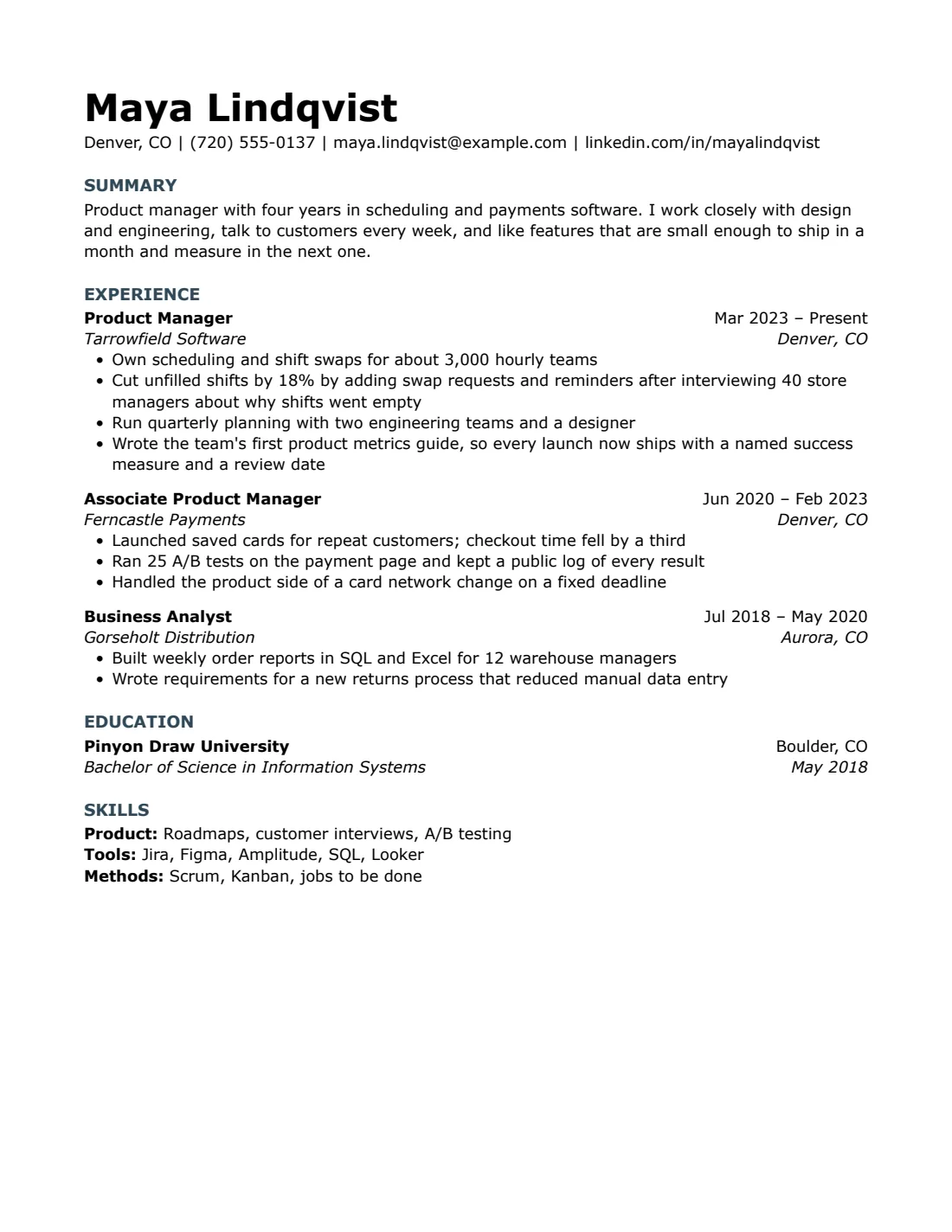 Modern Minimal resume template, US Letter, filled with sample content