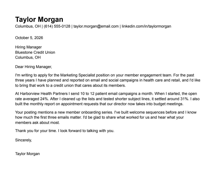 Plain cover letter template, top of the page
