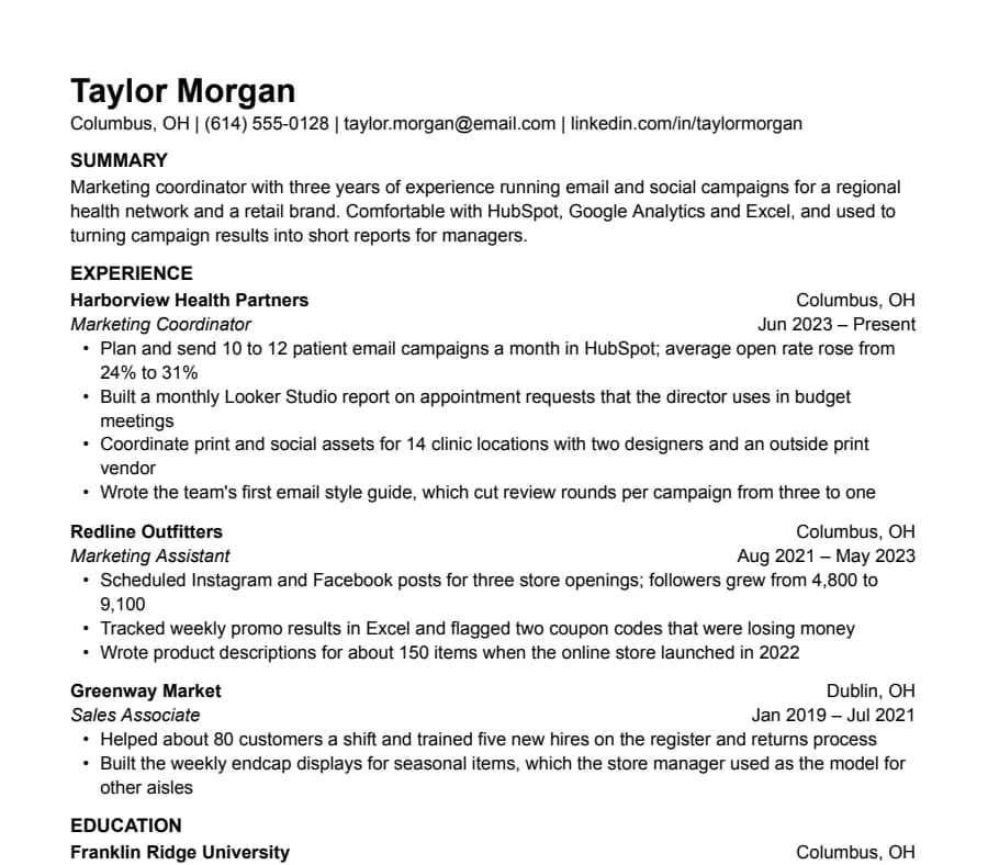 Plain resume template, top of the page
