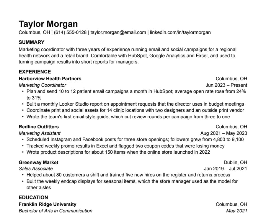 Plain resume template, top of the page