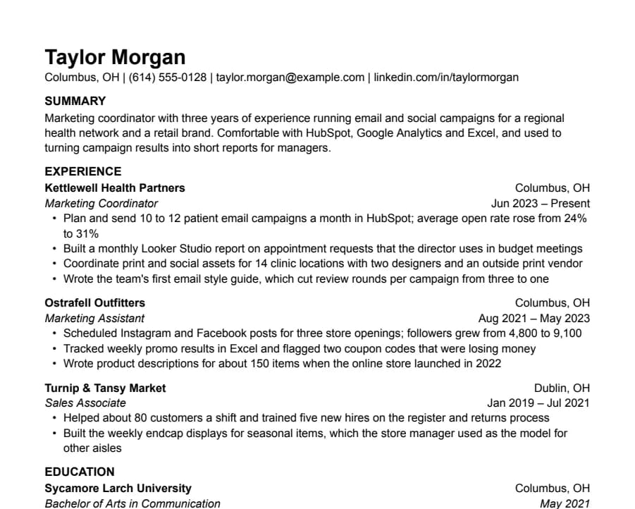 Plain resume template, top of the page
