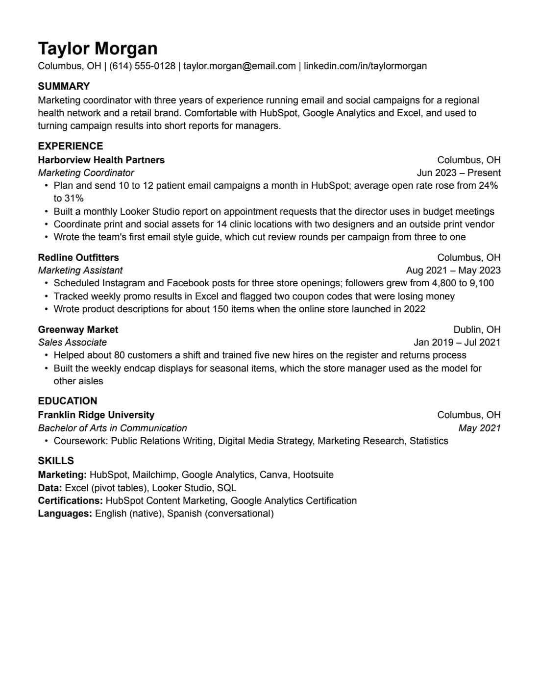 Plain resume template, US Letter, filled with sample content