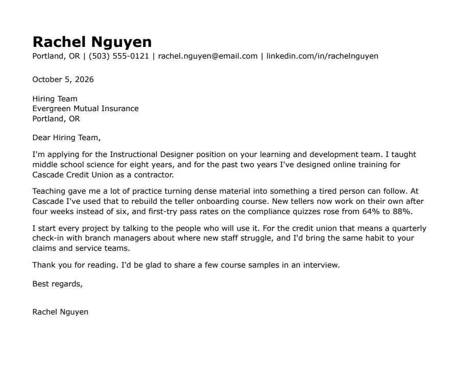 Skills-first cover letter template, top of the page