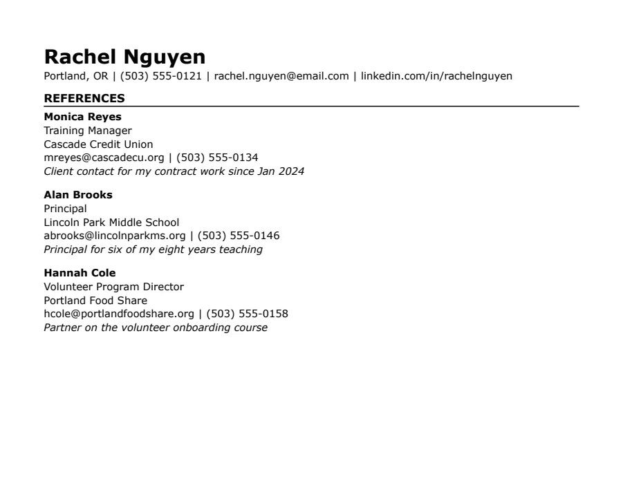 Skills-first references template, top of the page