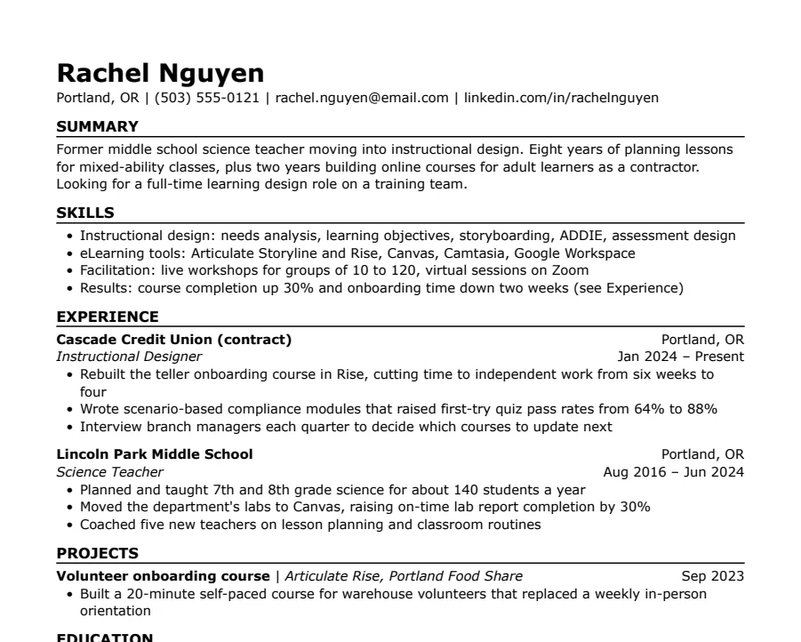 Skills-first resume template, top of the page