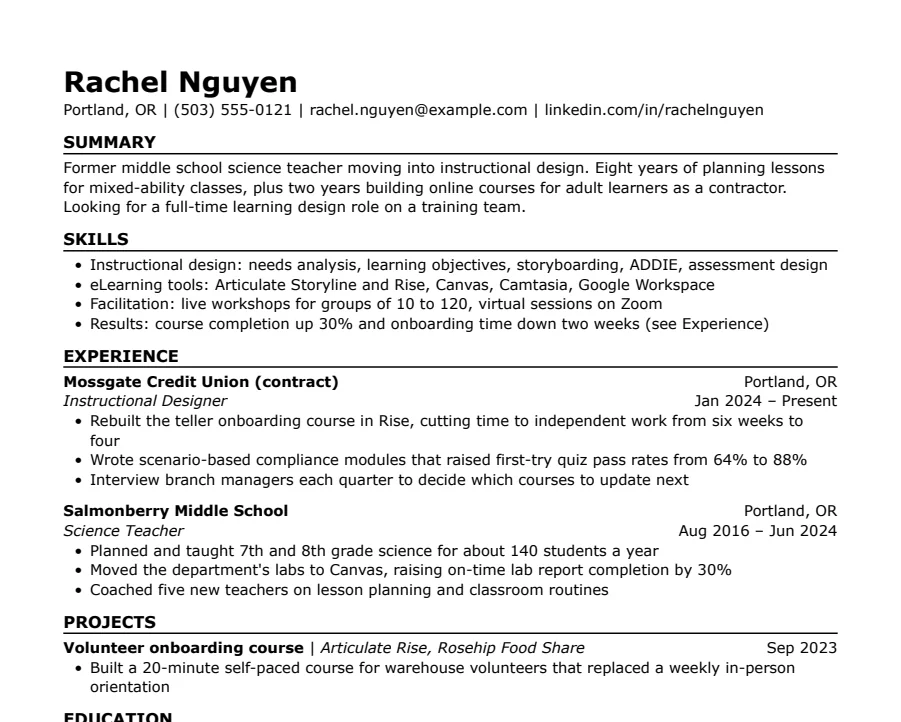 Skills-first resume template, top of the page