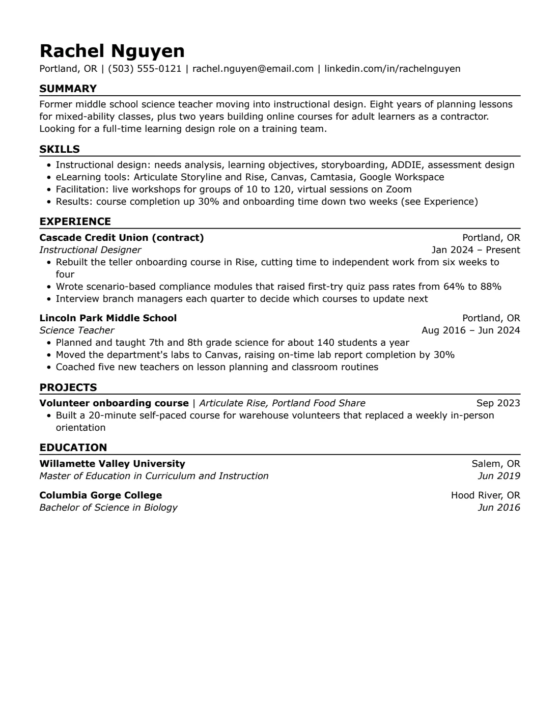 Skills-first resume template, US Letter, filled with sample content