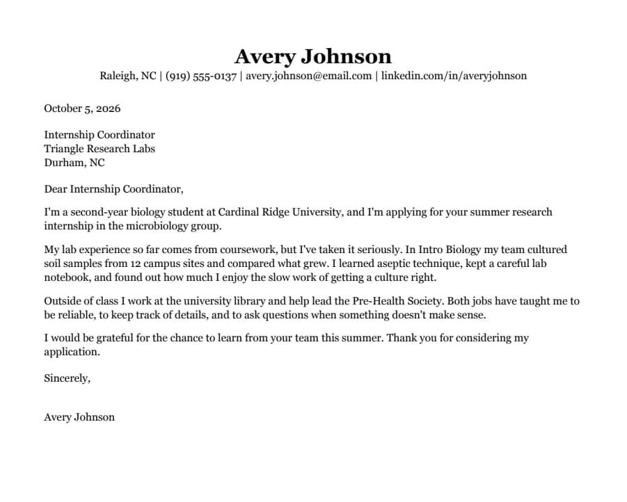 Student cover letter template, top of the page