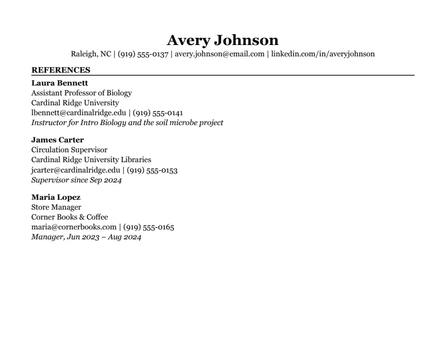 Student references template, top of the page