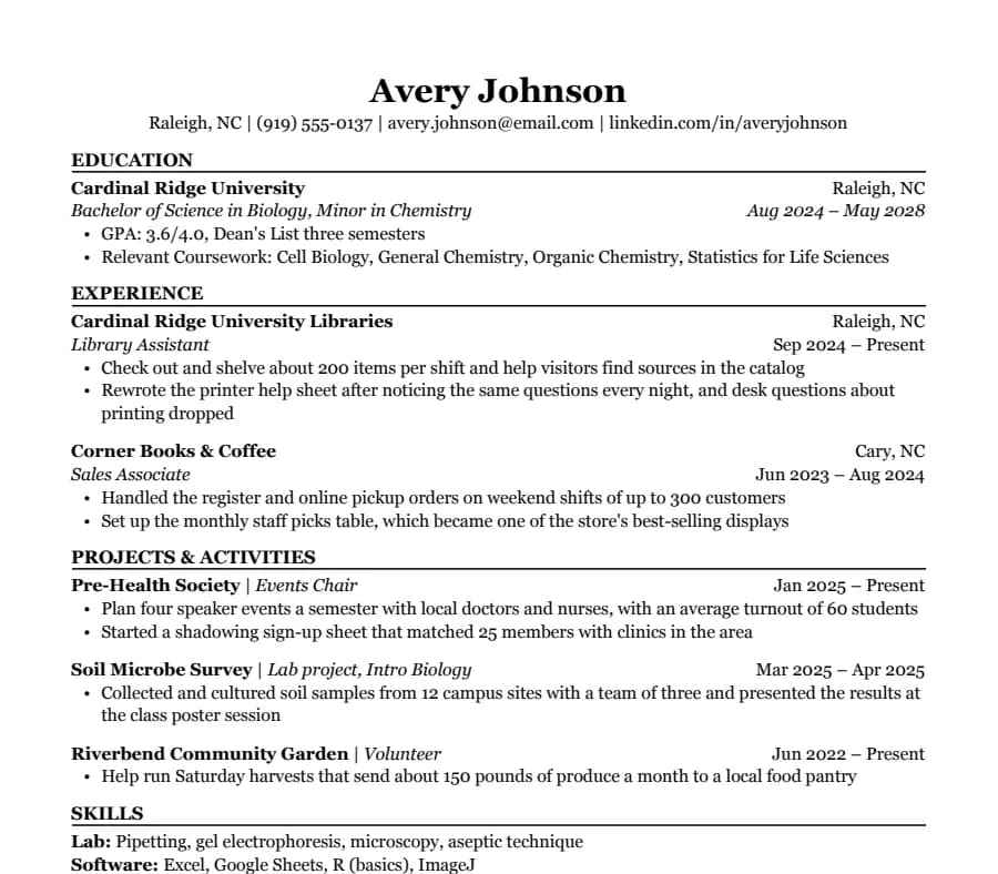 Student resume template, top of the page