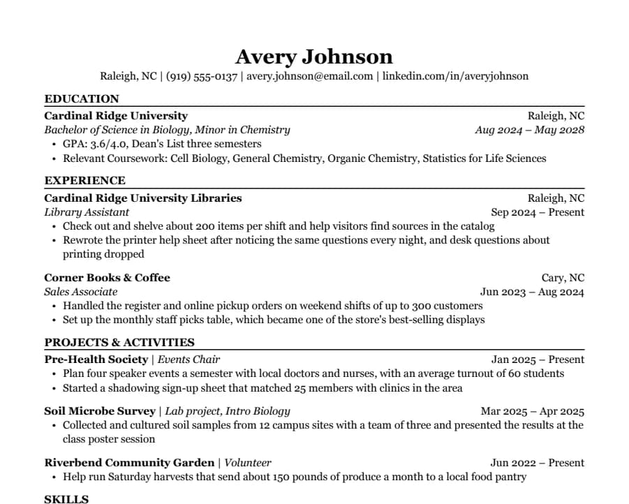 Student resume template, top of the page