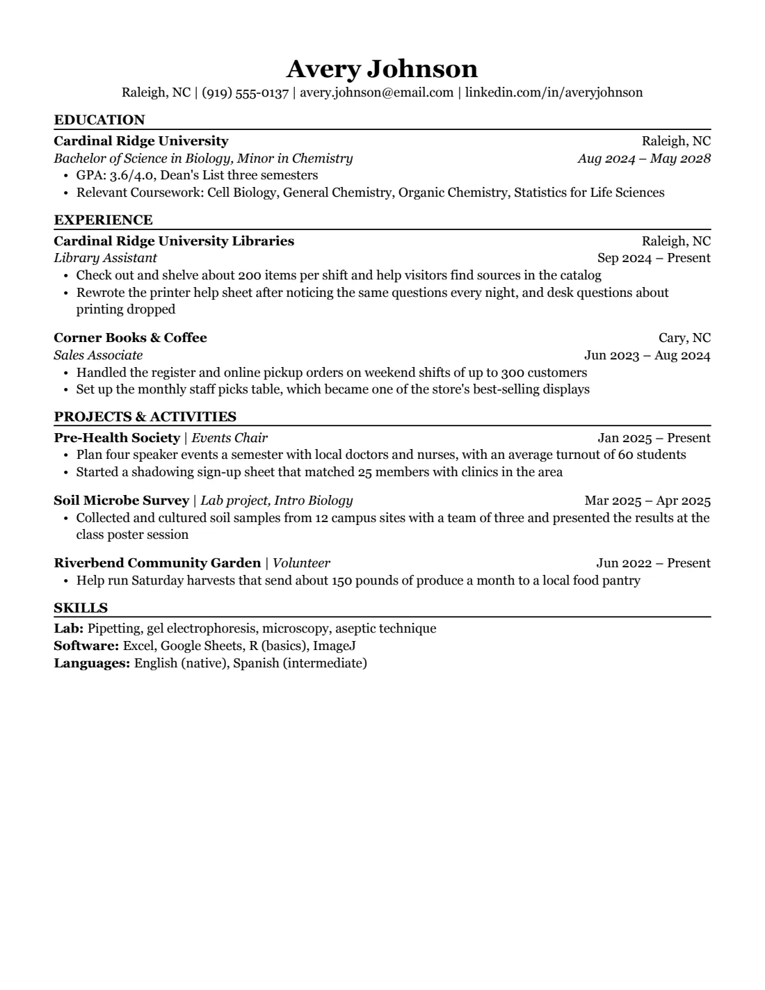 Student resume template, US Letter, filled with sample content