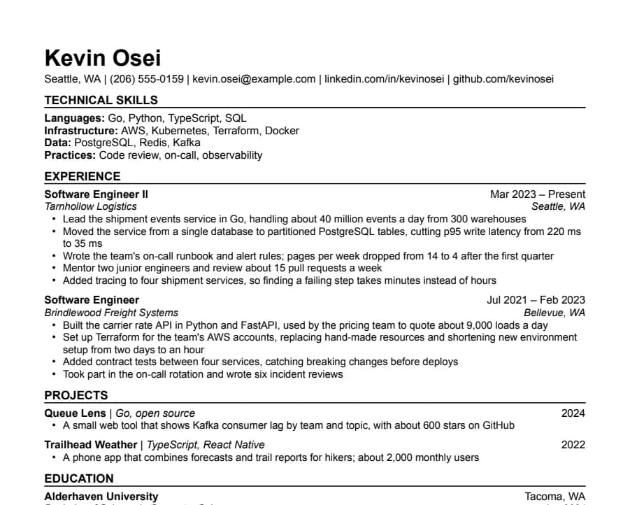 Technical resume template, top of the page