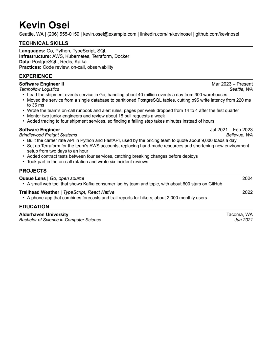 Technical resume template, US Letter, filled with sample content