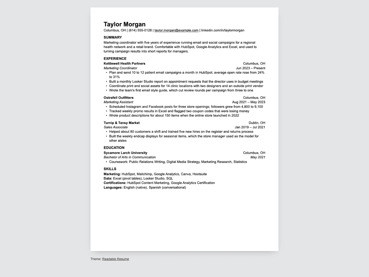 The sample resume for Taylor Morgan on the Resume template: one column of text on a white sheet, with the company names in bold and dates and places at the right margin.