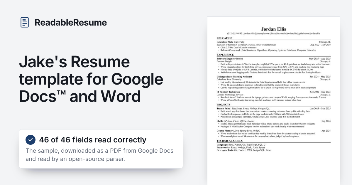 Jake's Resume Template for Google Docs and Word